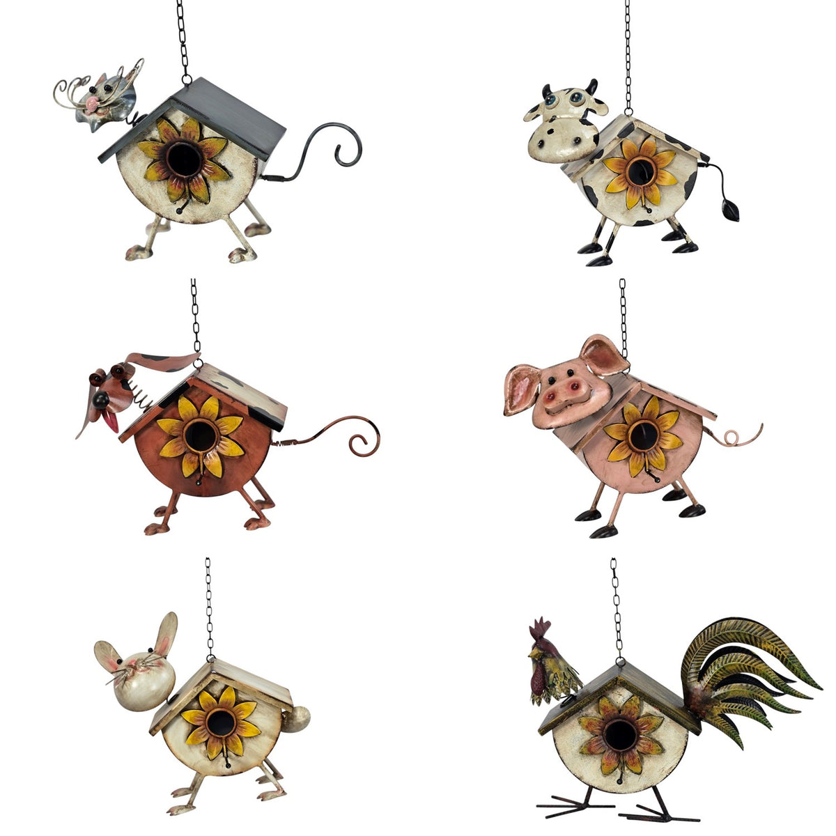 Six different animal-shaped metal birdhouses displayed against a white background.