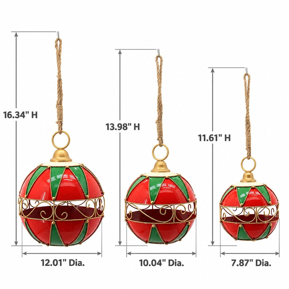 Three red and green hanging ornaments shown at different sizes with measurement arrows.