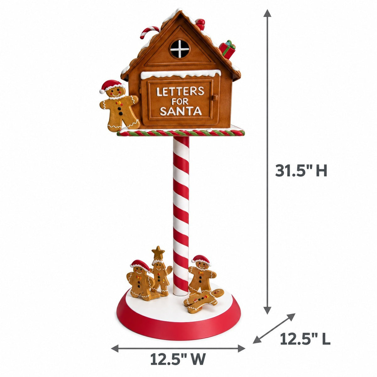 Full mailbox display with gingerbread figures at the base and arrows showing its height and base dimensions.