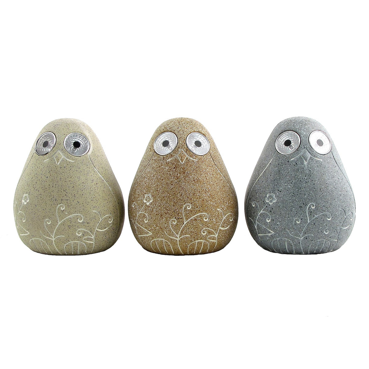 Three rounded bird ornaments in beige, brown, and gray are shown side by side against a white background.