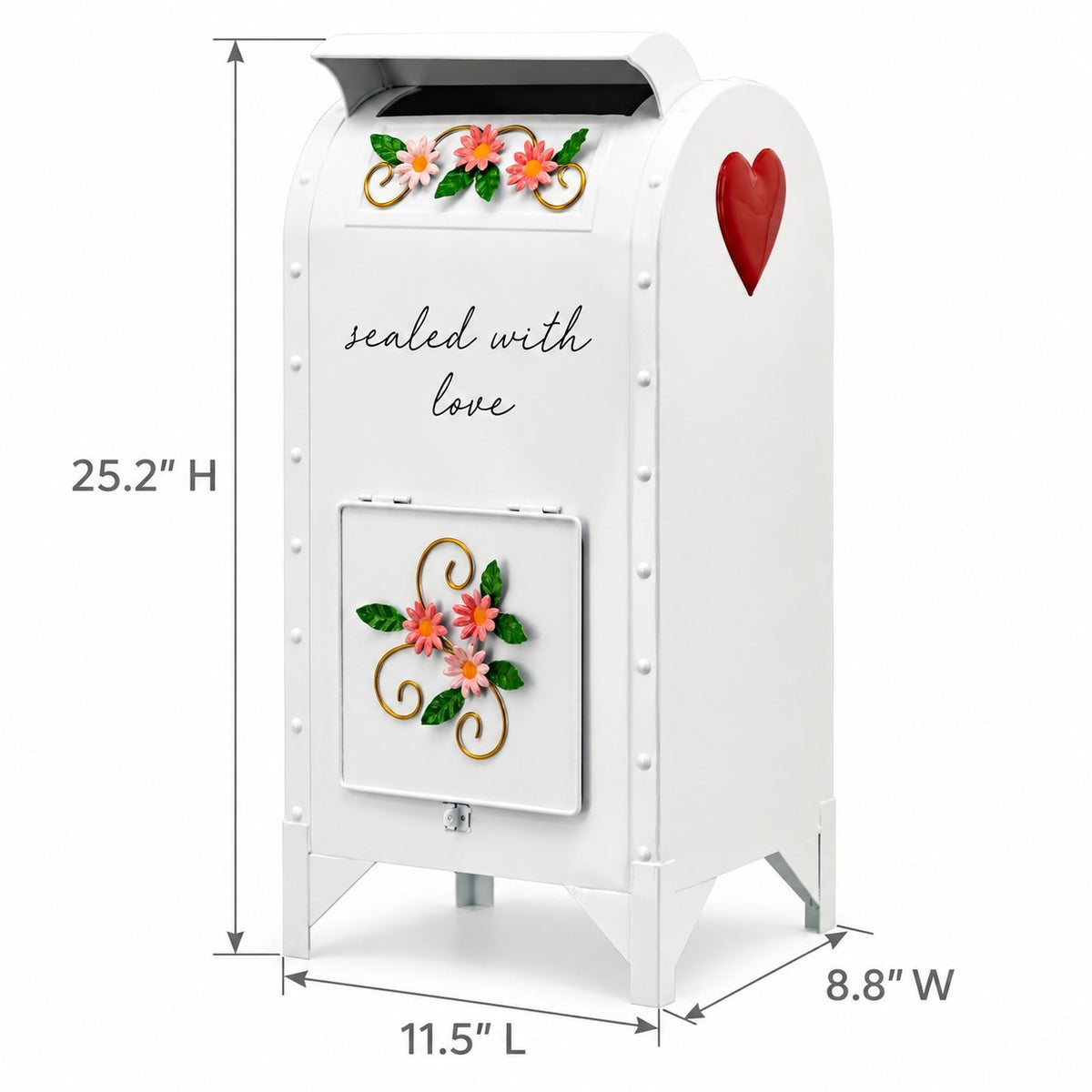 White mailbox shown with a floral slot and front panel, red heart, and arrows marking its dimensions.