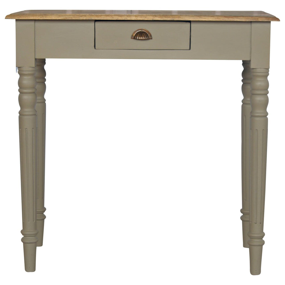 French grey writing desk with stained wood top, shown straight on against white