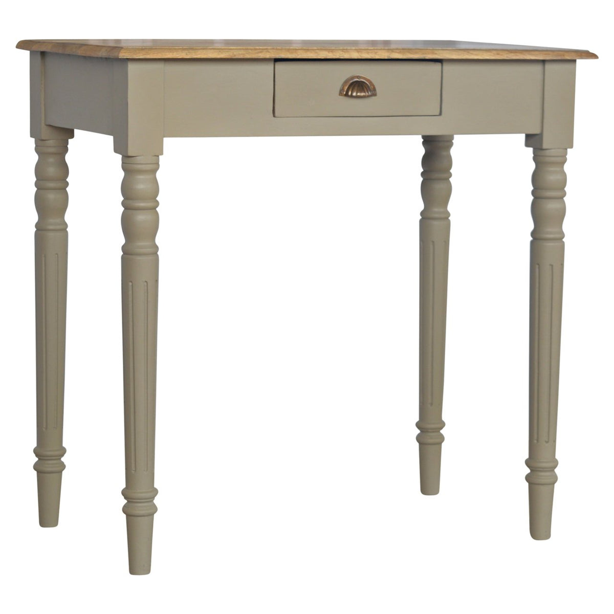 French grey writing desk with stained top, shown from a front three-quarter angle