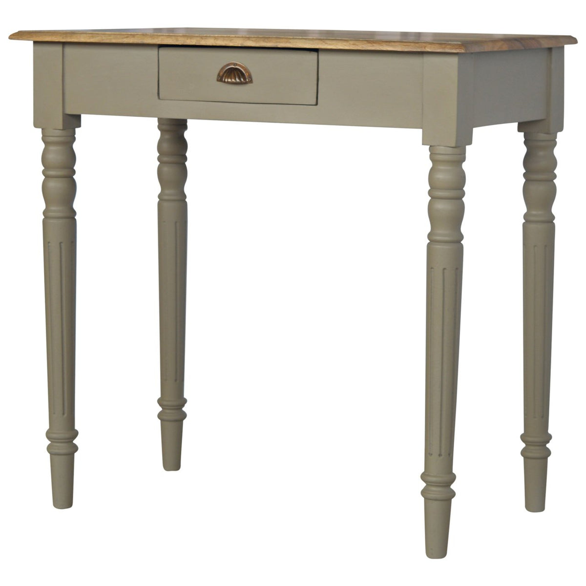 French grey writing desk with stained top, viewed from the opposite front angle