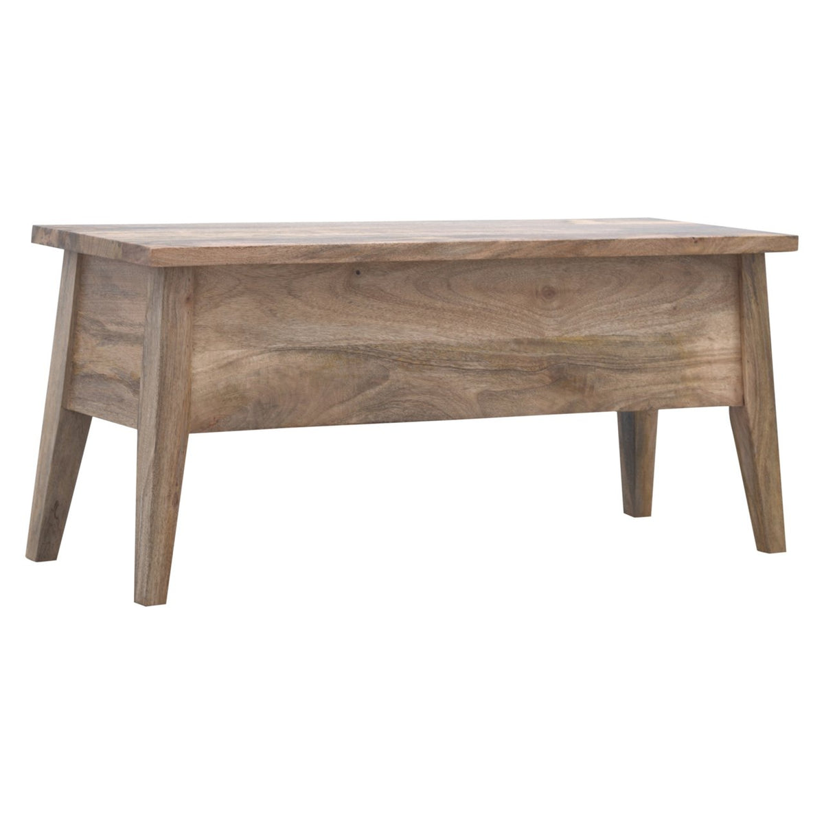 Brown wood storage bench in a three-quarter front view