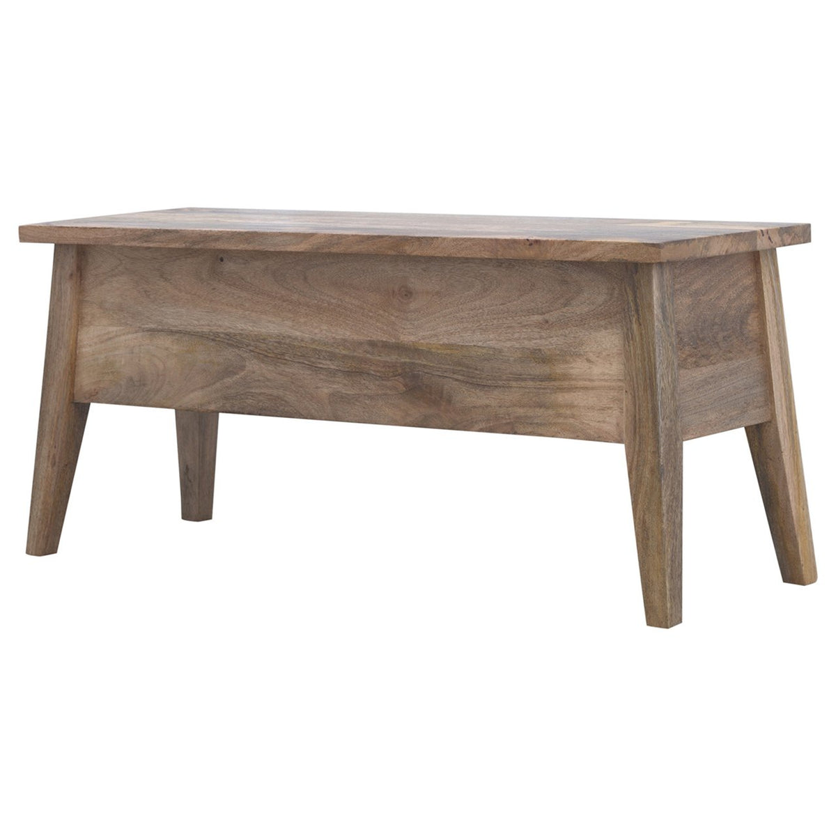 Brown wood storage bench viewed from the opposite front angle