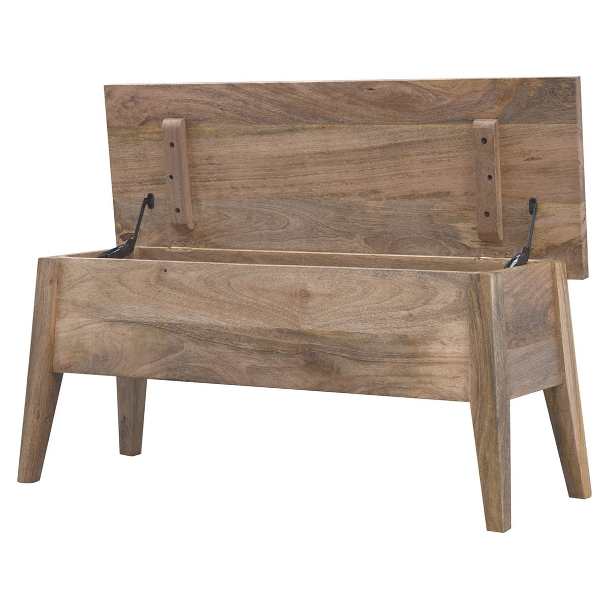 Brown wood storage bench with its lift-up lid open