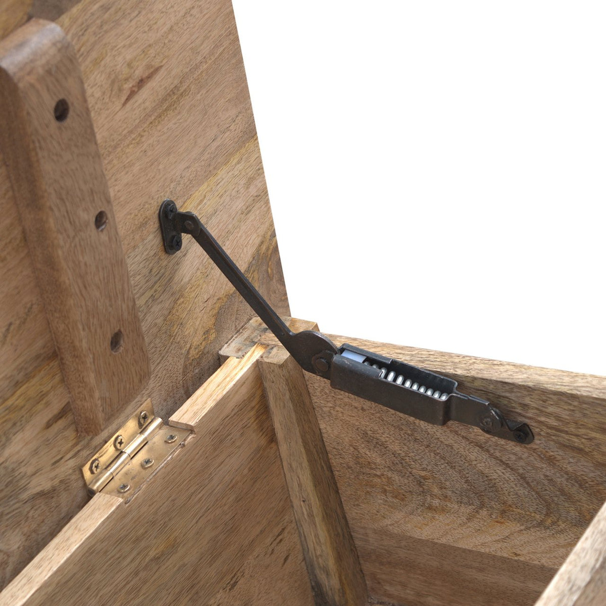 Close-up of the metal lid support inside the open wood bench
