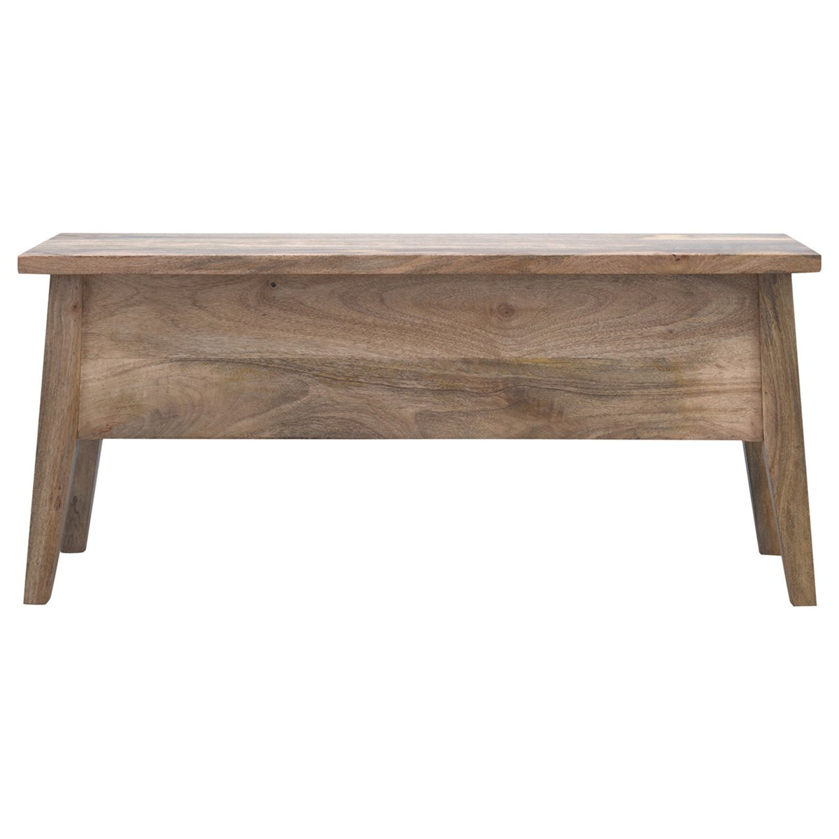 Brown wood storage bench shown straight on against a white background