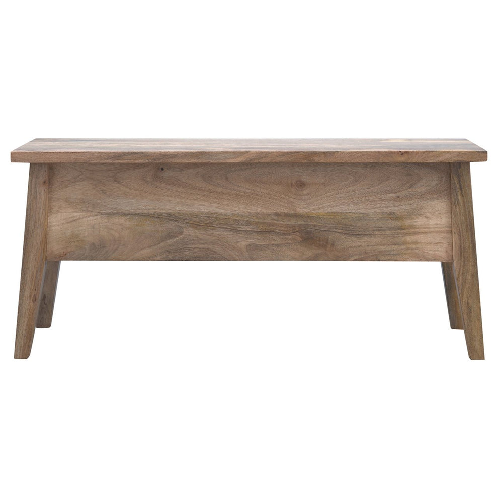 Brown wood storage bench shown straight on against a white background