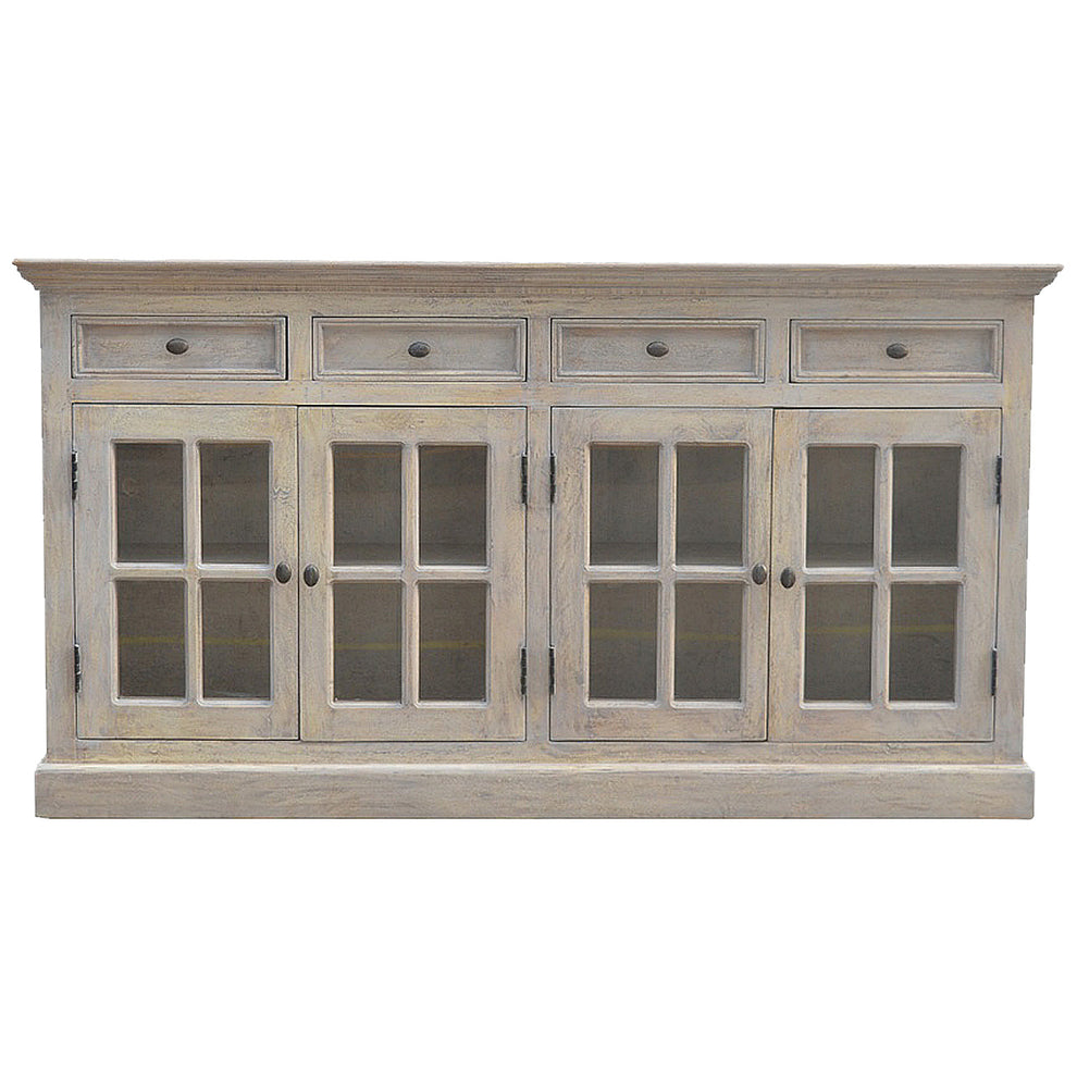 Weathered pale gray sideboard shown straight on with four drawers and four glazed doors