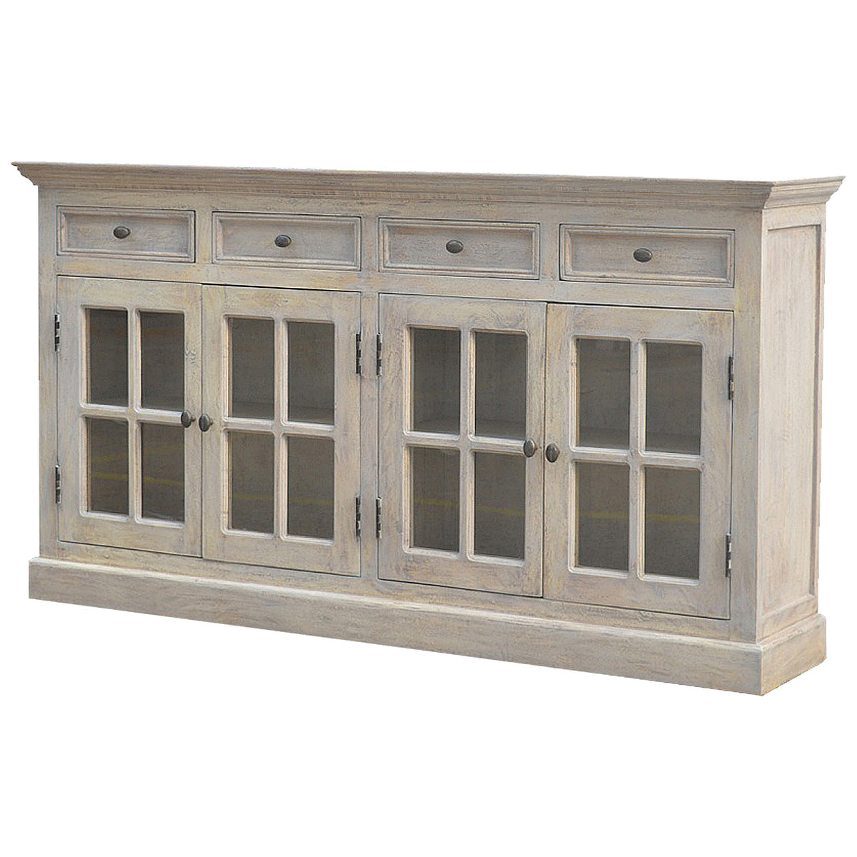 Pale weathered sideboard in an angled view showing the front and right side