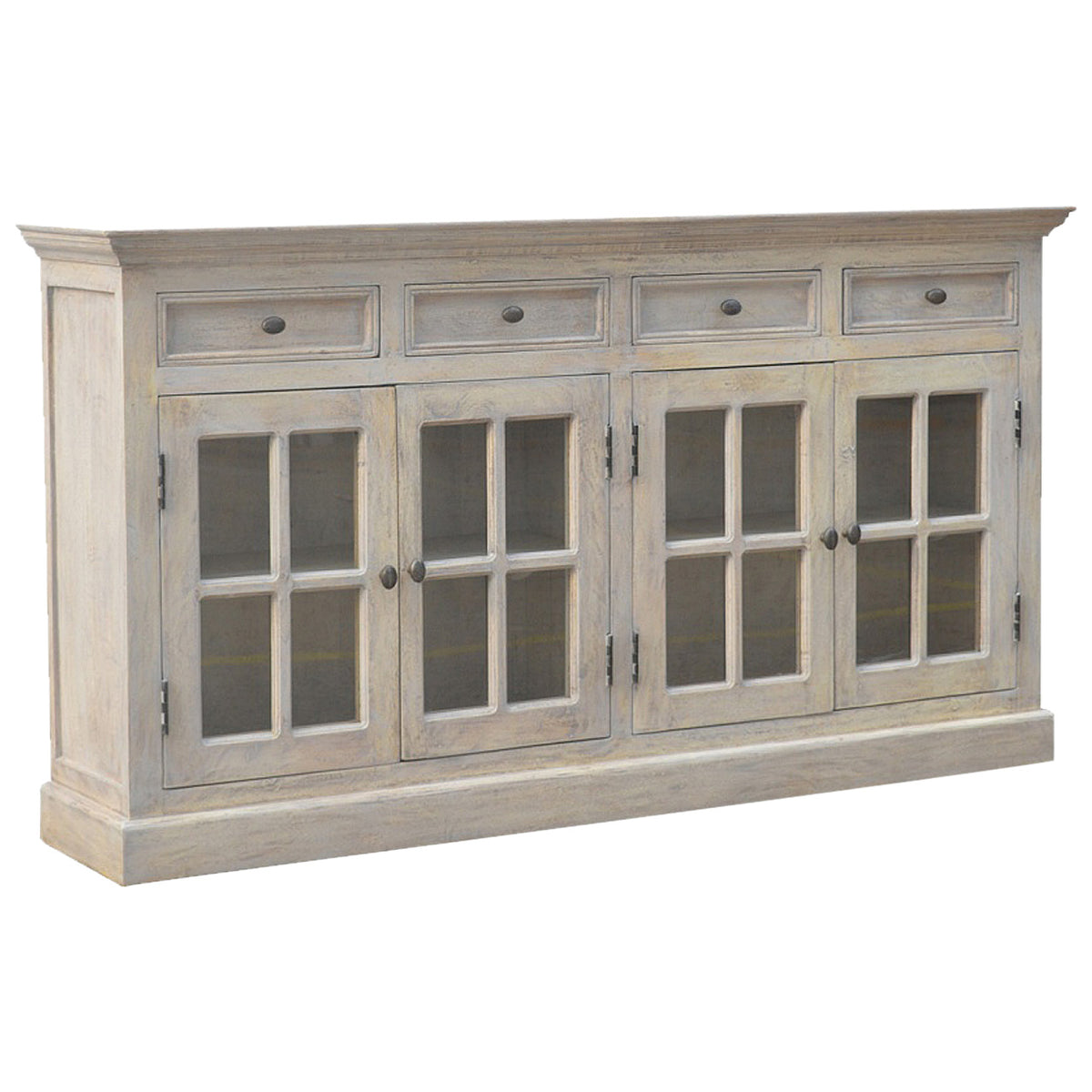Pale acid-wash sideboard in an angled view showing the front and left side