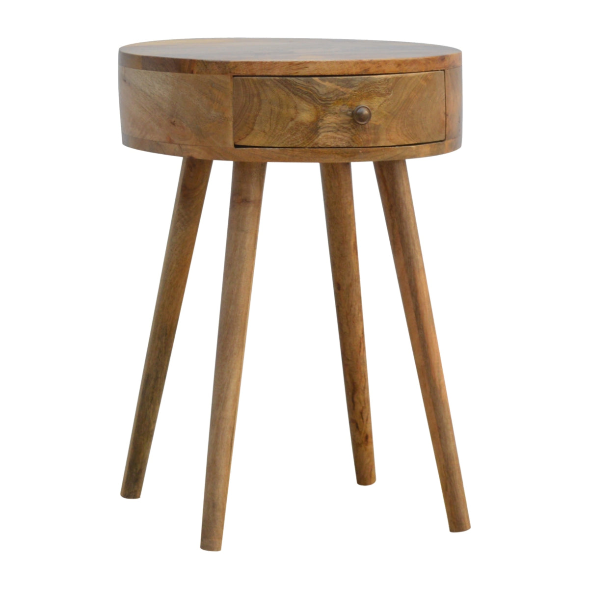 Oak-tone circular nightstand viewed from the front at an angle