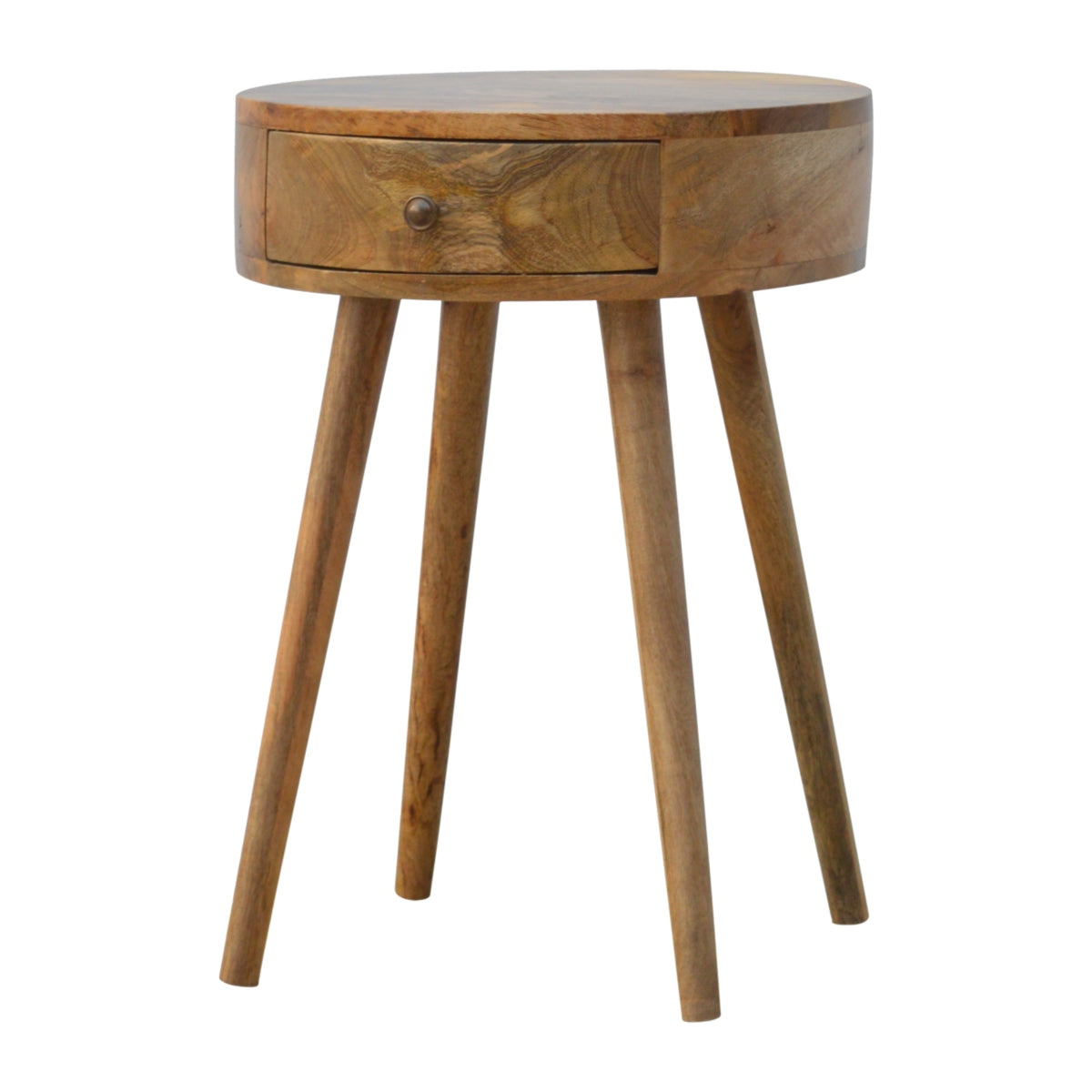 Circular mango wood nightstand from the opposite front angle