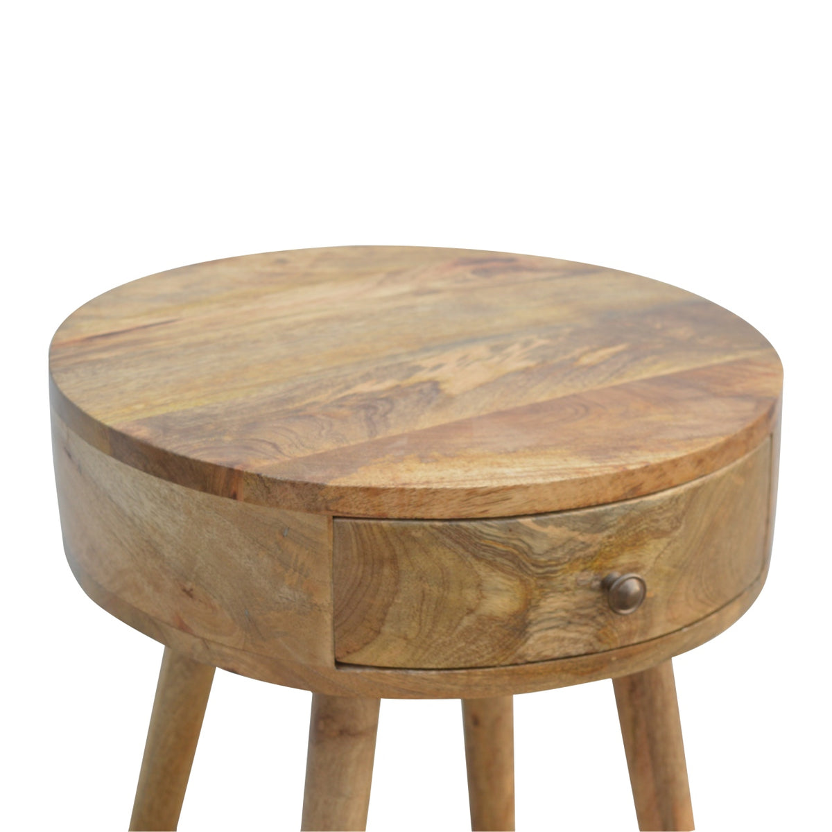 Close view of the round nightstand top, front panel, and knob
