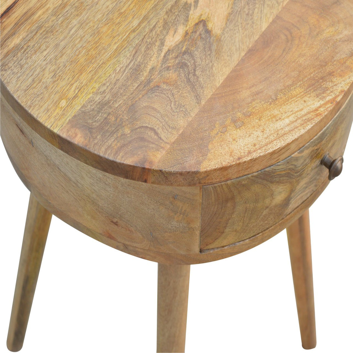 Overhead detail showing the natural grain on the circular wood top