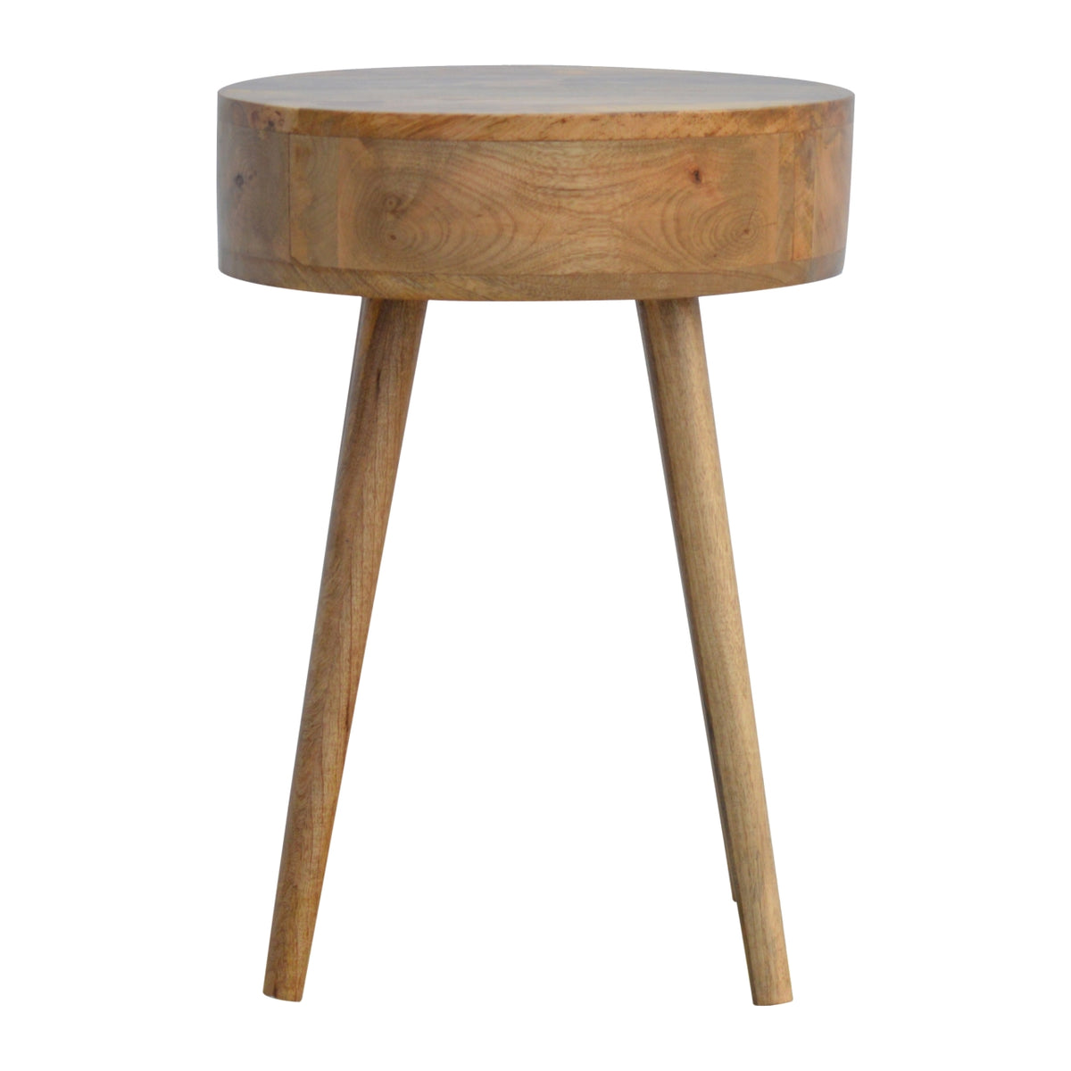 Back view of the oak-tone circular nightstand and its tapered legs