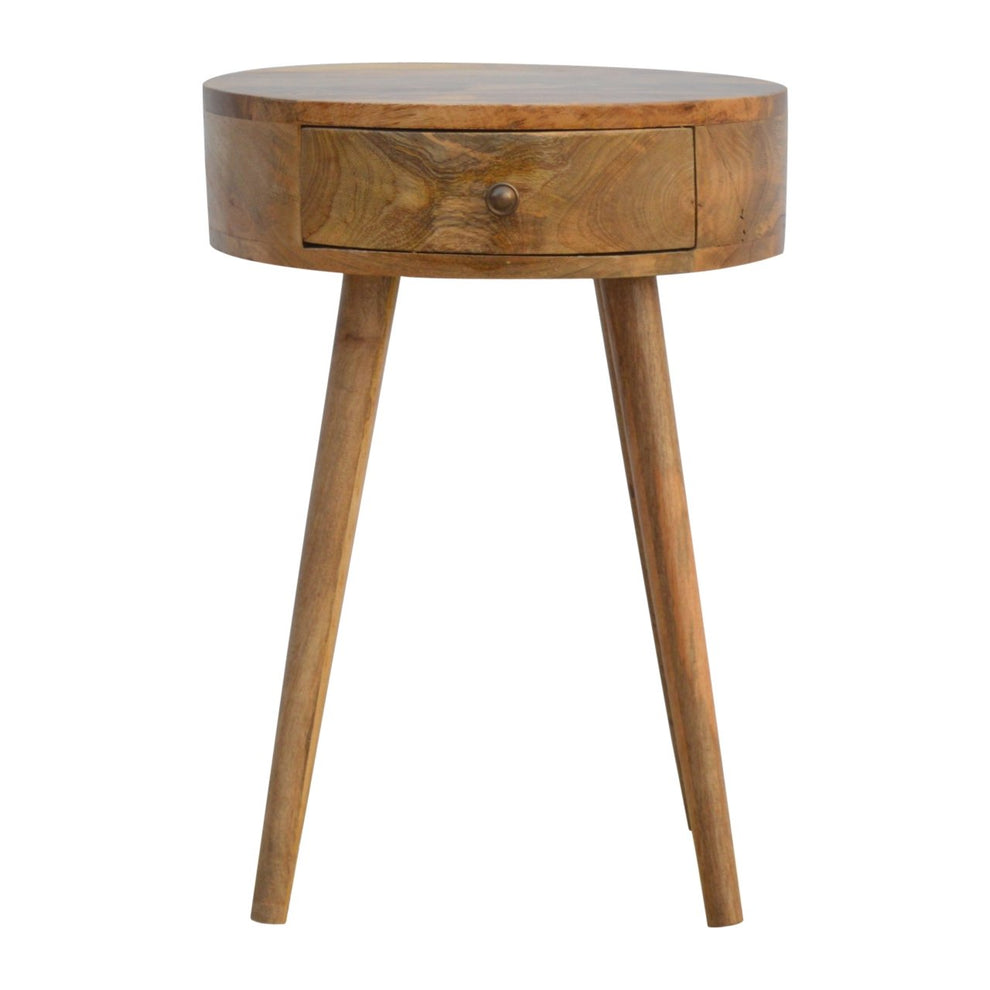 Oak-tone circular nightstand shown from the front on a white background