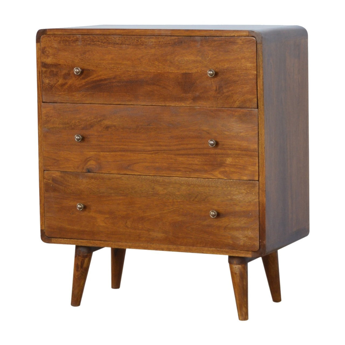 Chestnut chest of drawers from the opposite angle, showing its side and tapered legs