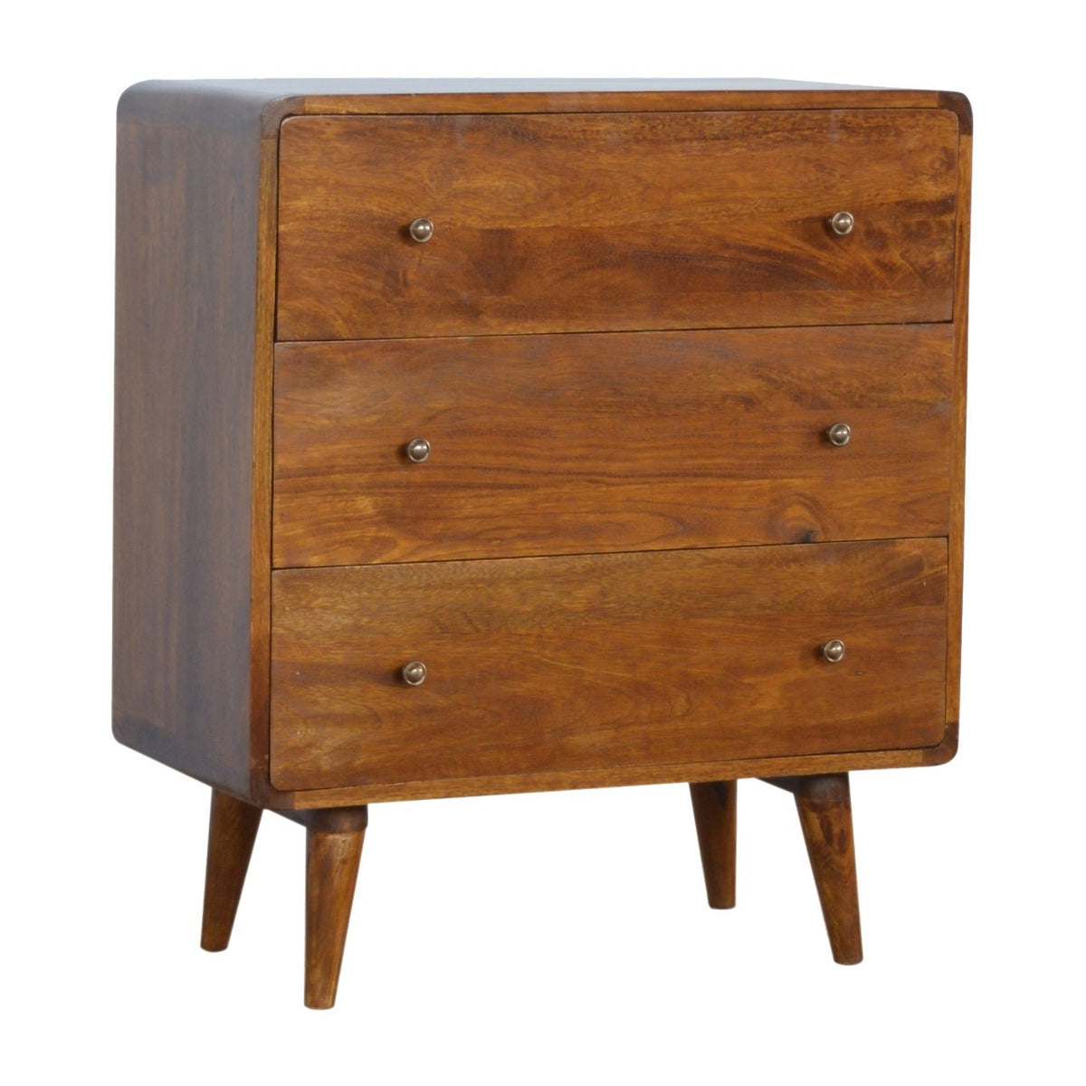Chestnut chest of drawers angled to show the front, side and Nordic-style legs