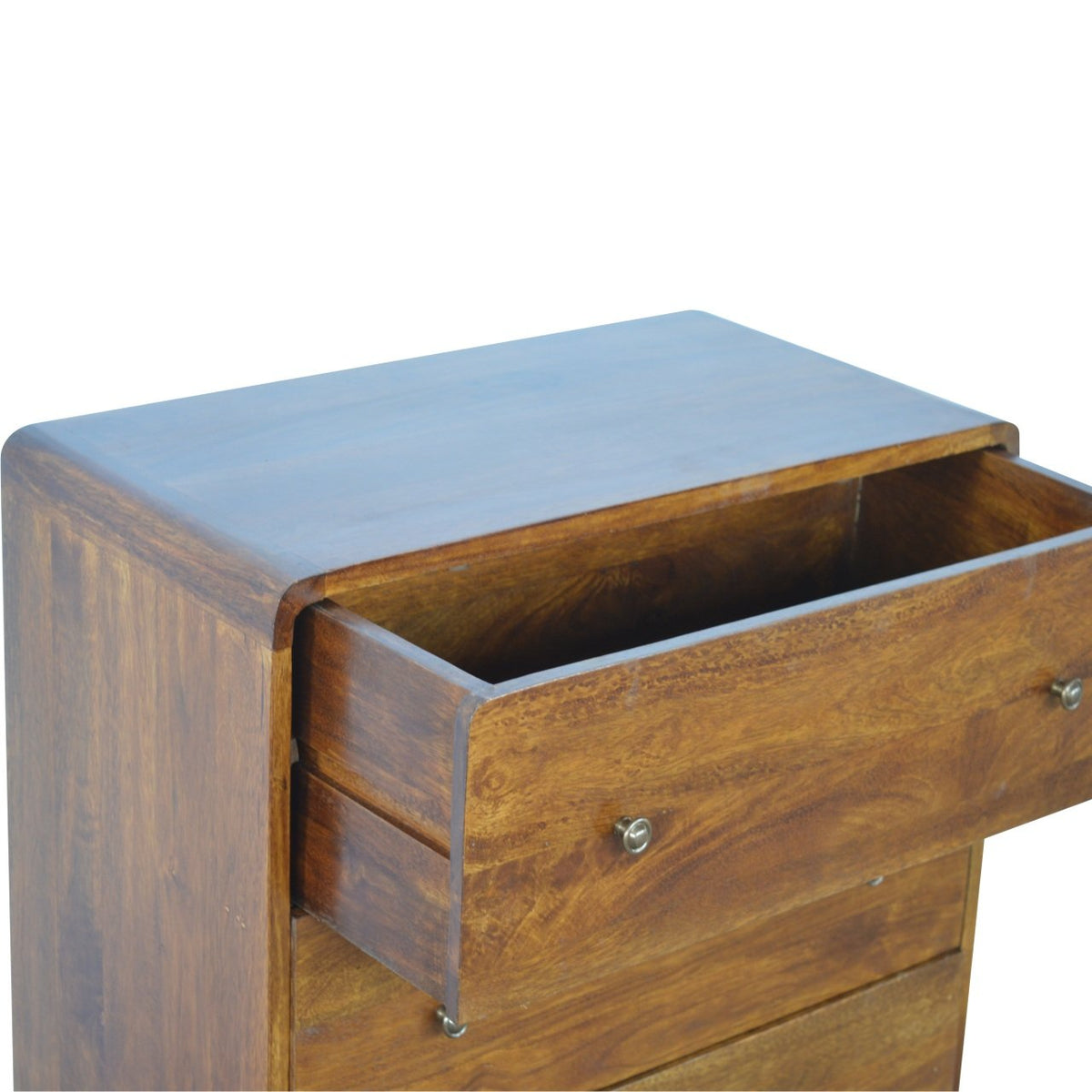 Close-up of an open upper drawer in the chestnut-finish chest