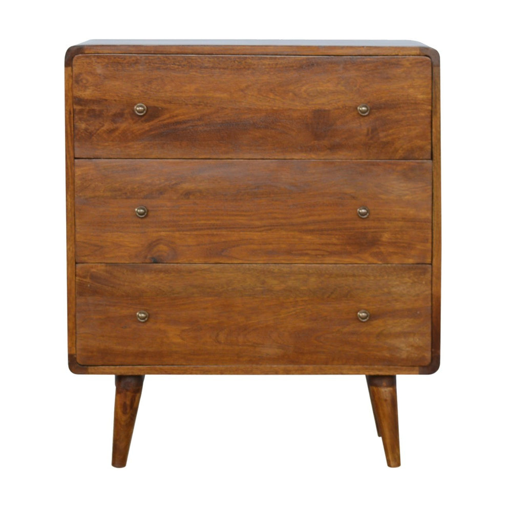 Chestnut chest of drawers shown straight on with three drawer fronts and tapered legs