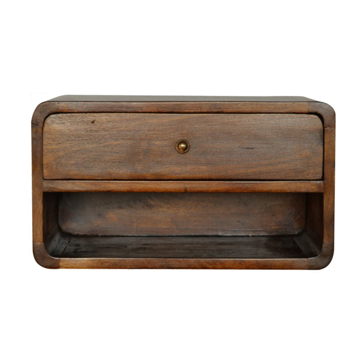 Chestnut-finish floating nightstand shown straight on with drawer and open shelf