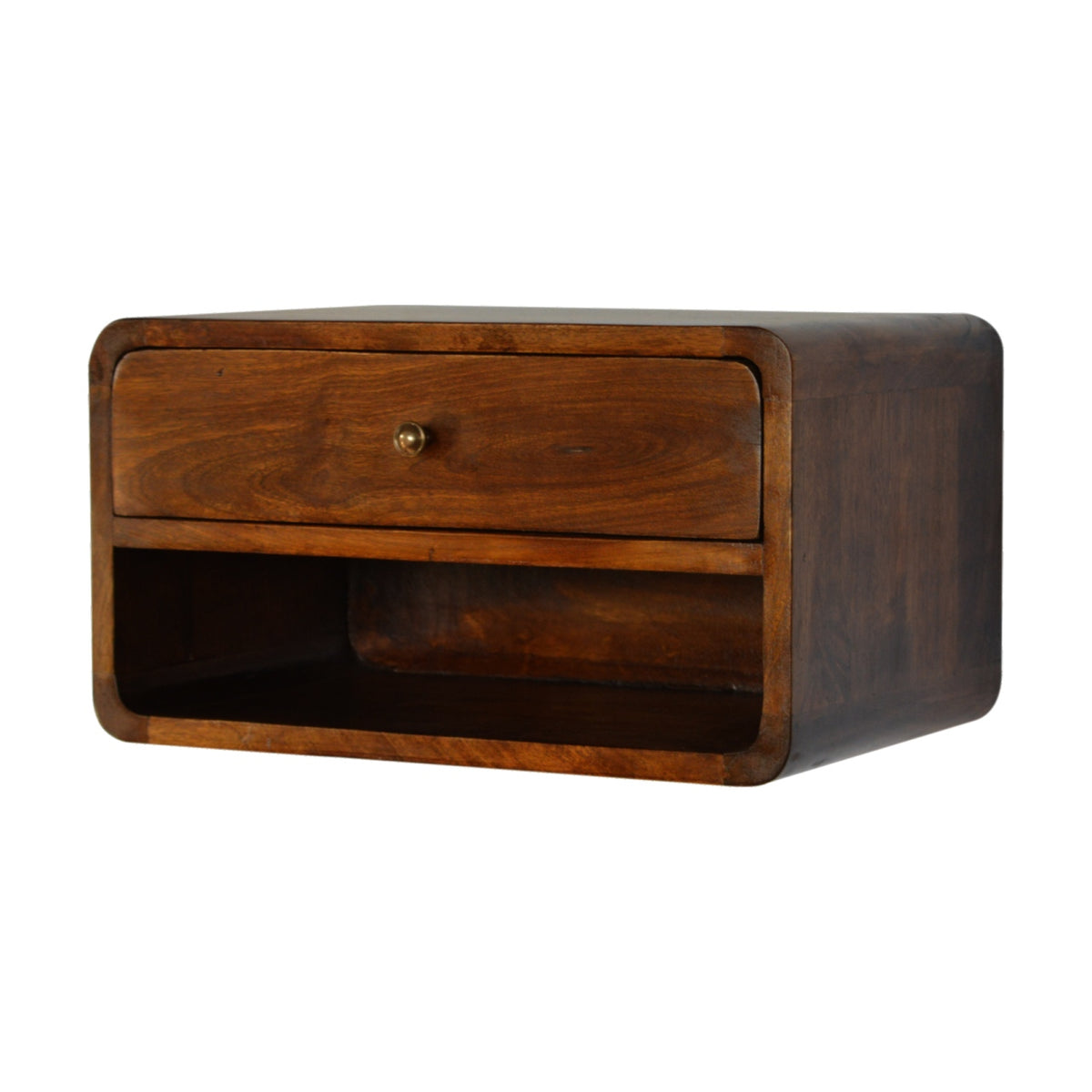 Chestnut-finish nightstand in an angled front view showing its rounded side