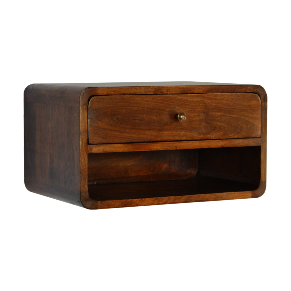 Chestnut-finish nightstand from the opposite angle, showing the drawer and open shelf