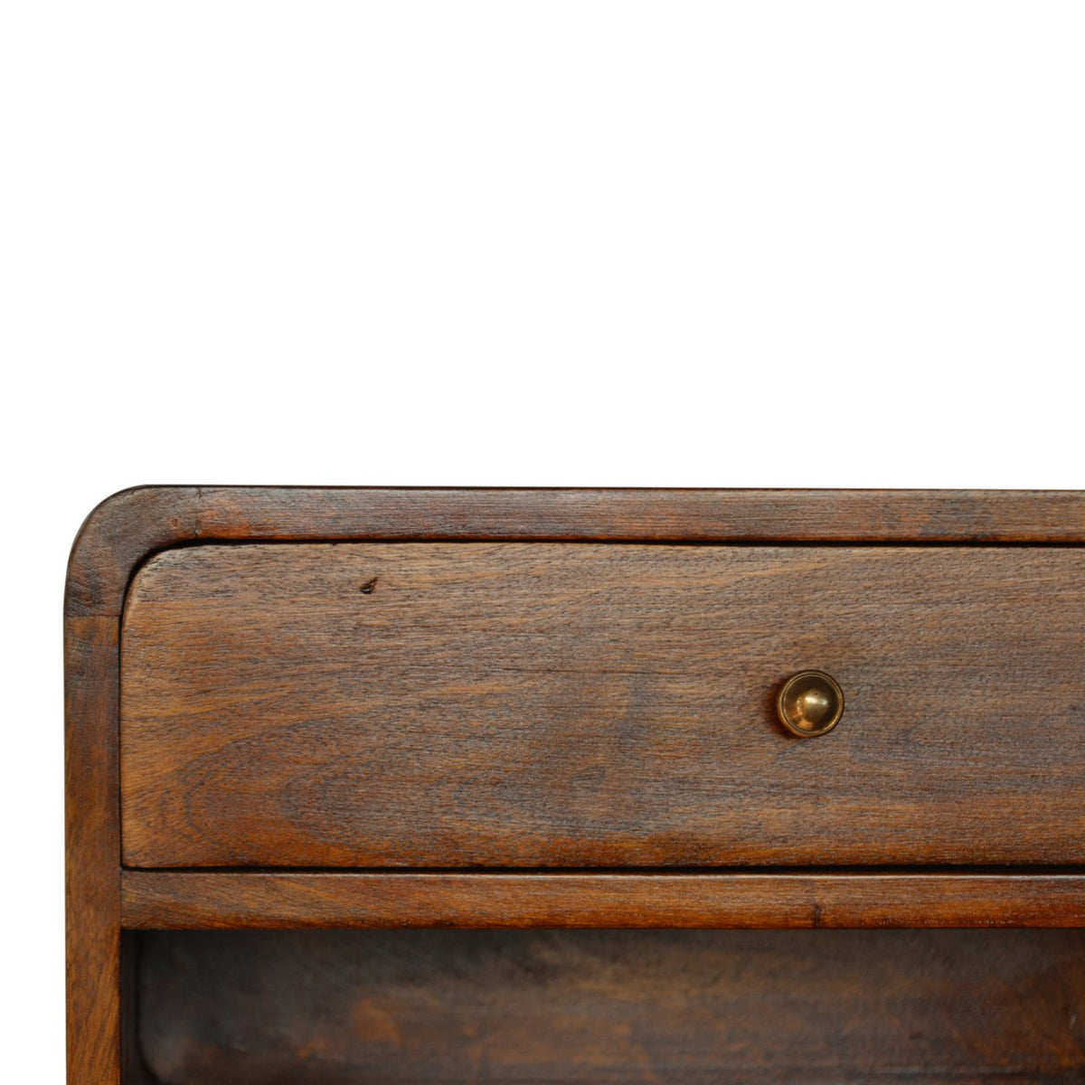 Close view of the chestnut nightstand drawer front, shiny knob, and open shelf