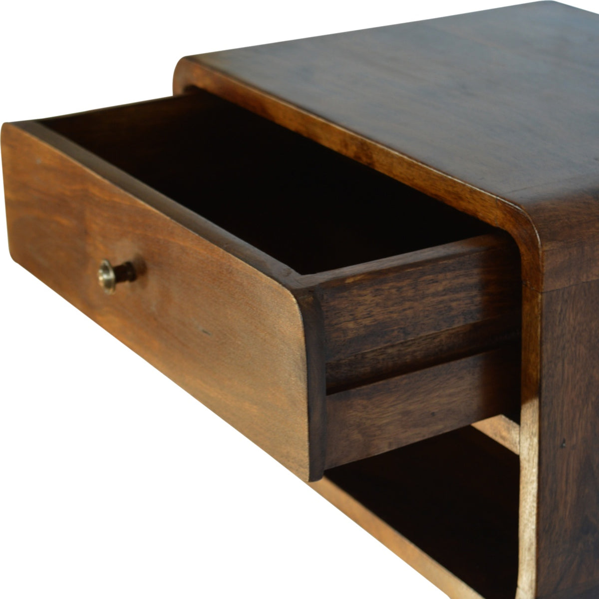 Chestnut nightstand with its drawer pulled open above the open storage shelf