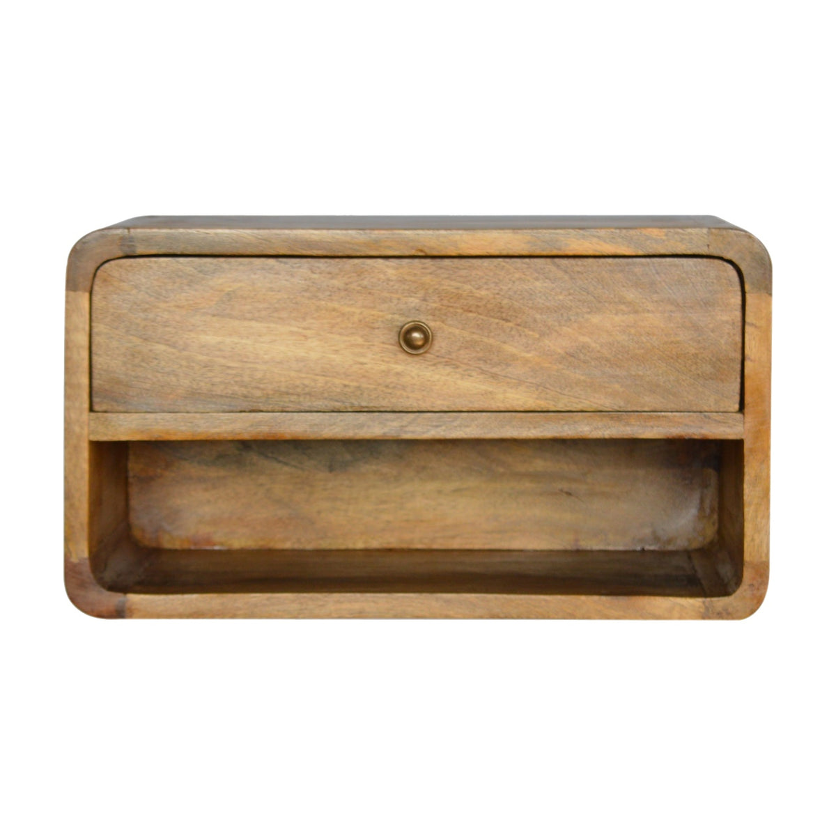 Warm brown curved nightstand front view showing drawer and open shelf