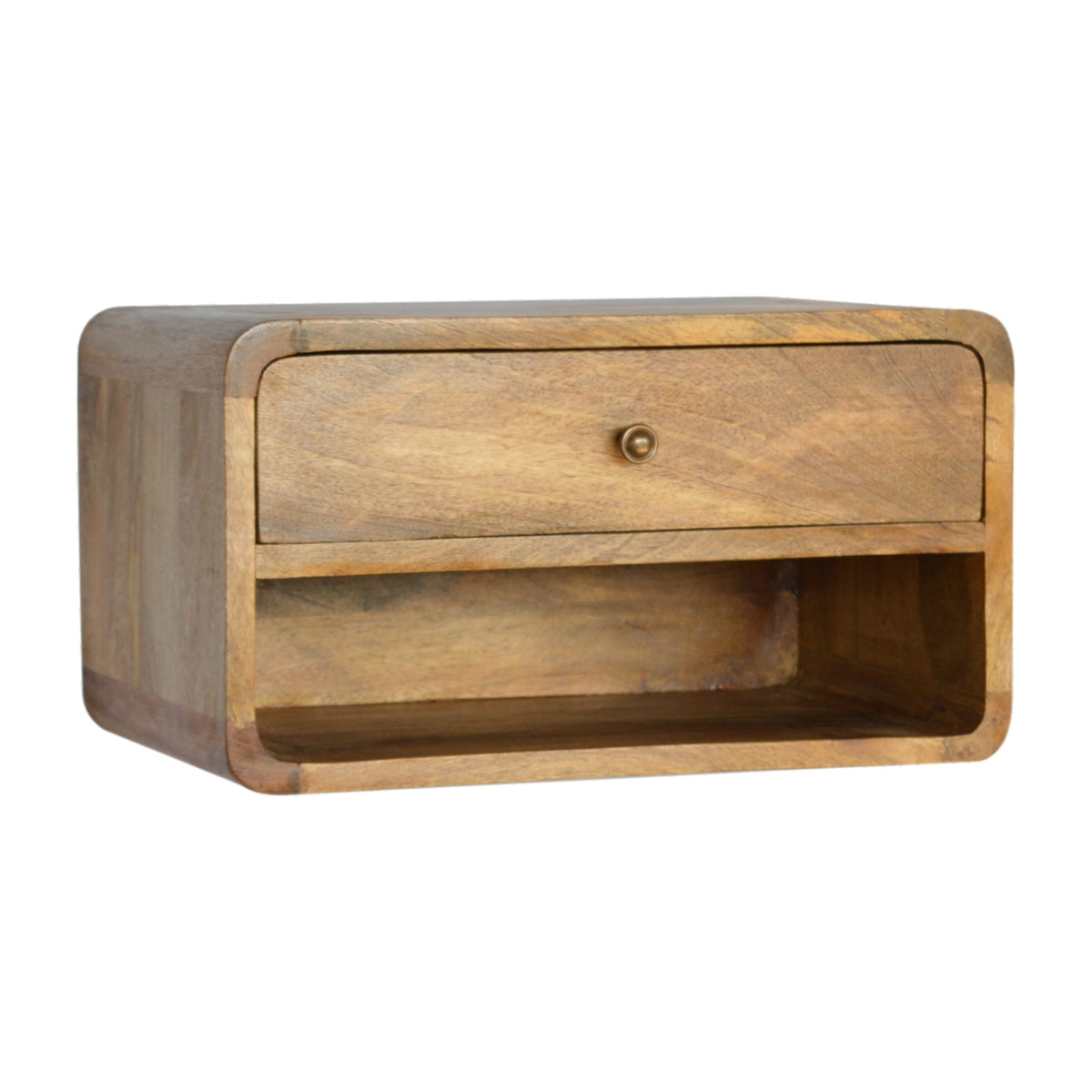 Warm brown nightstand angled view showing the drawer, open shelf, and side