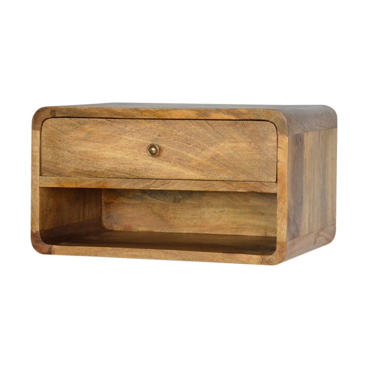 Opposite angled view of a warm brown nightstand with drawer and open shelf