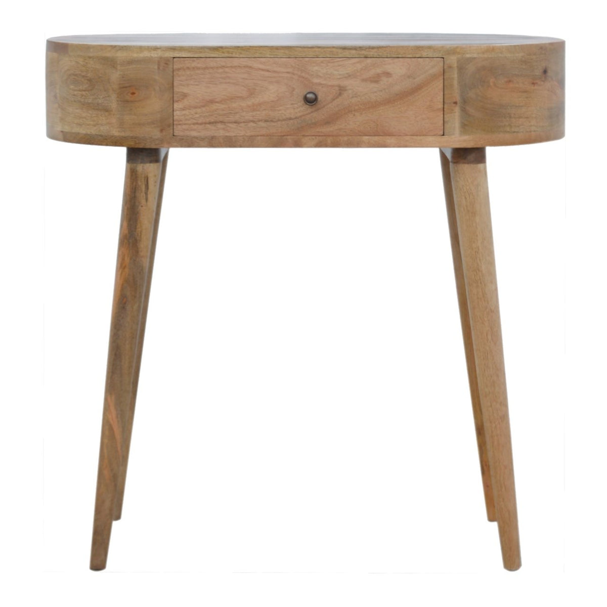 Front view of a rounded wooden console table with one drawer and two visible tapered legs against a white background.