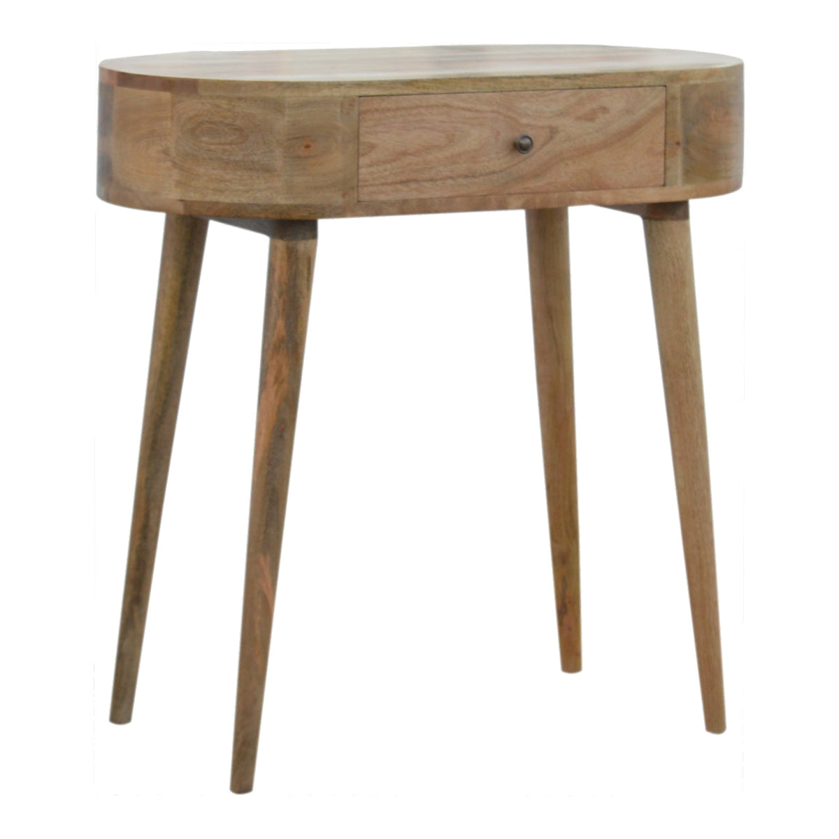 Angled view showing the rounded tabletop, drawer front, and four splayed legs of a wooden console table.