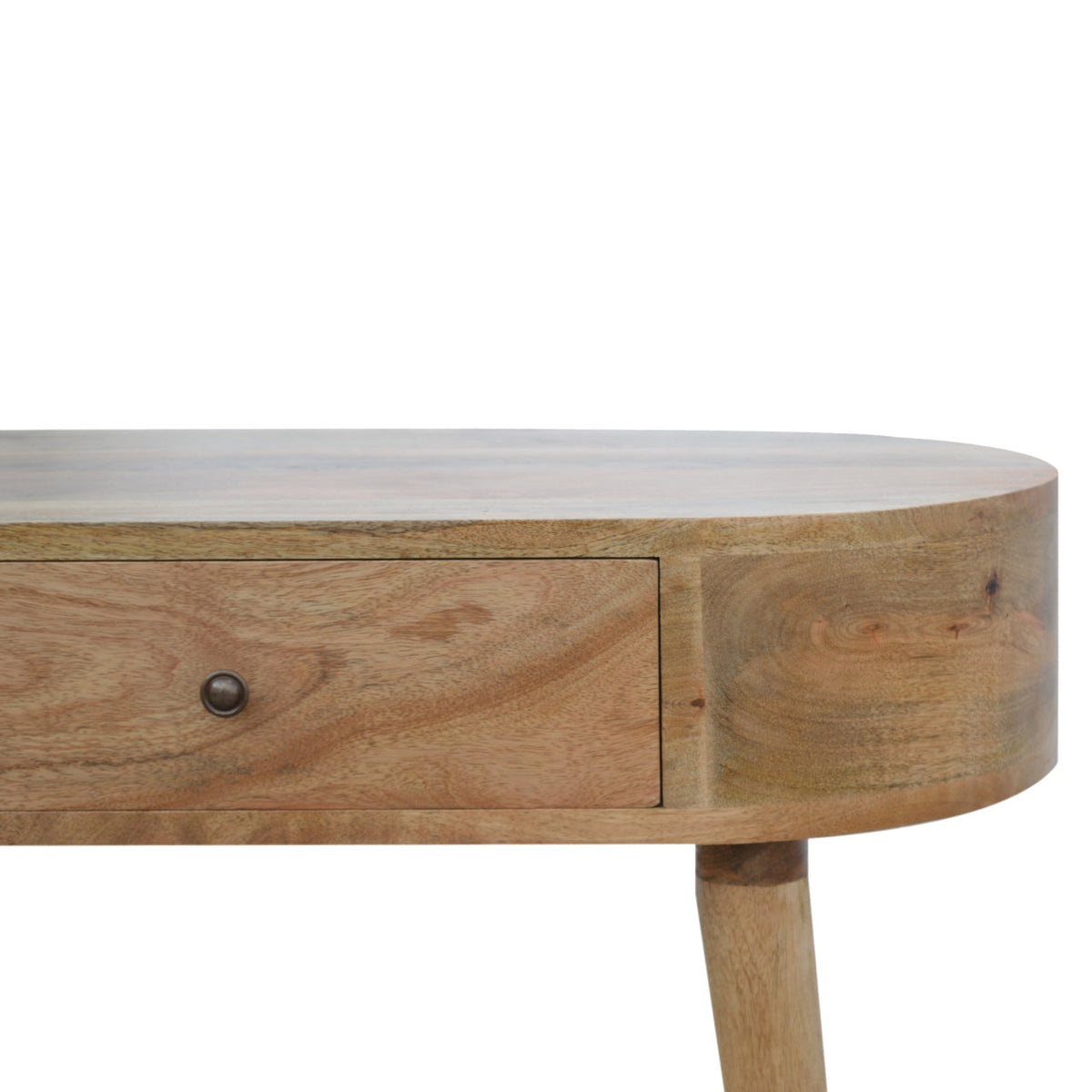 Close-up of the console table’s wood grain, round drawer pull, curved edge, and one tapered leg.