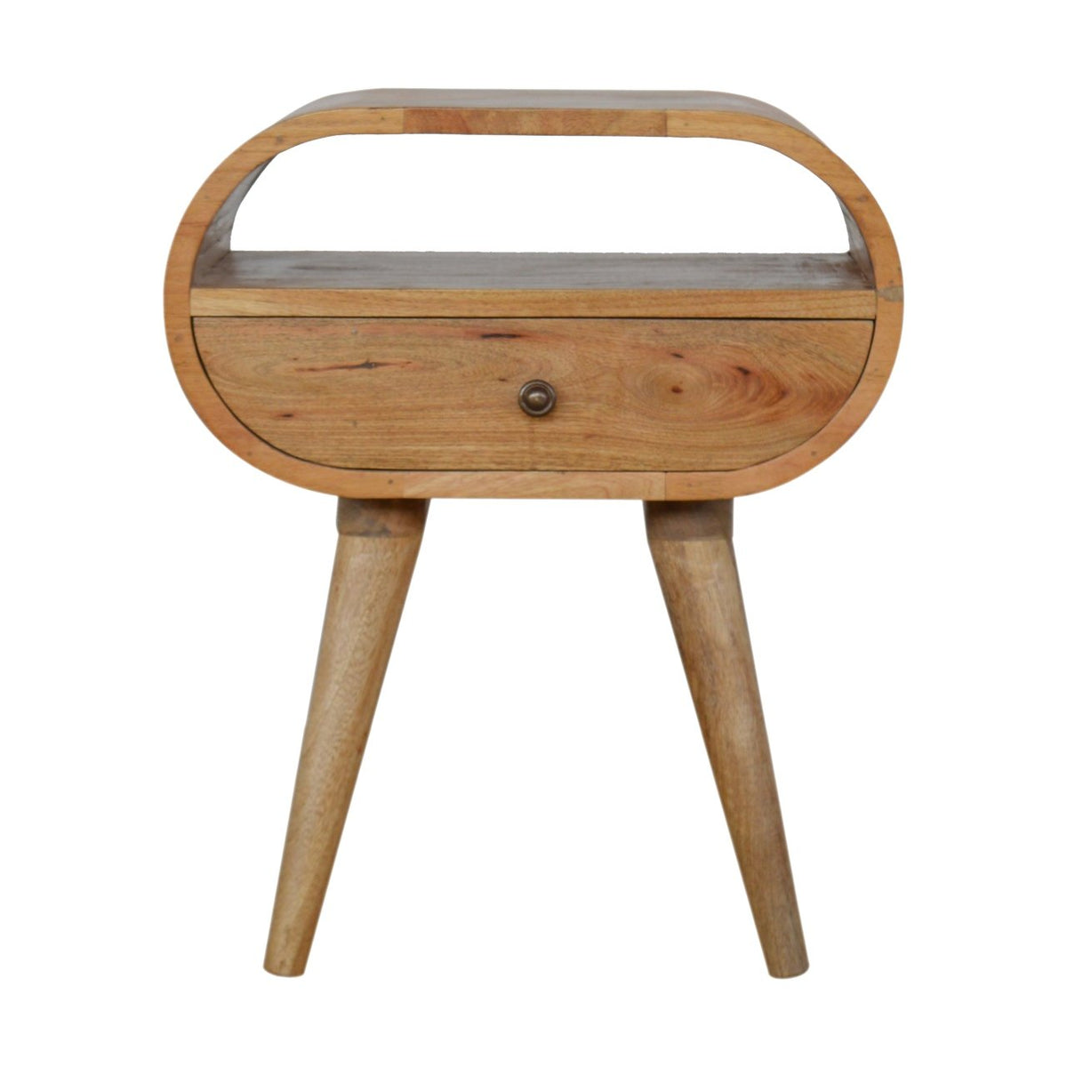 Oak-toned round wooden nightstand, straight-on view with drawer and open shelf