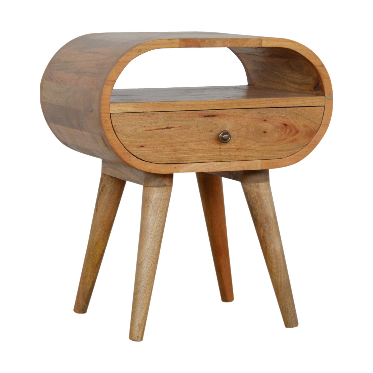 Oak-toned round wooden nightstand shown from a front three-quarter angle
