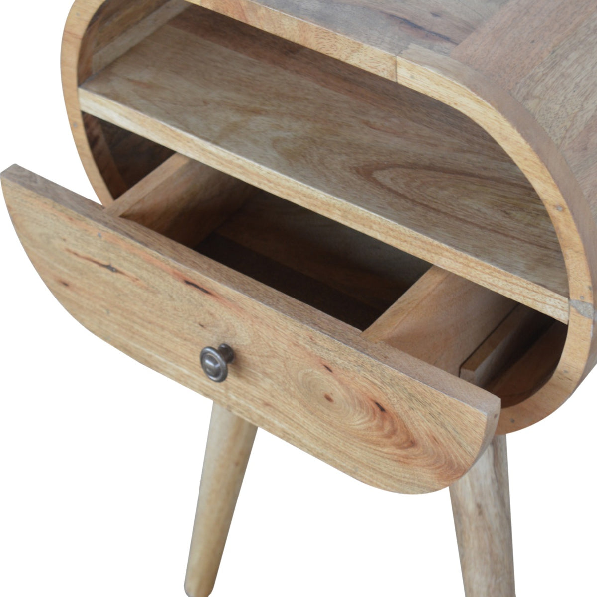 Nightstand with its drawer open, revealing the drawer interior beneath the open shelf