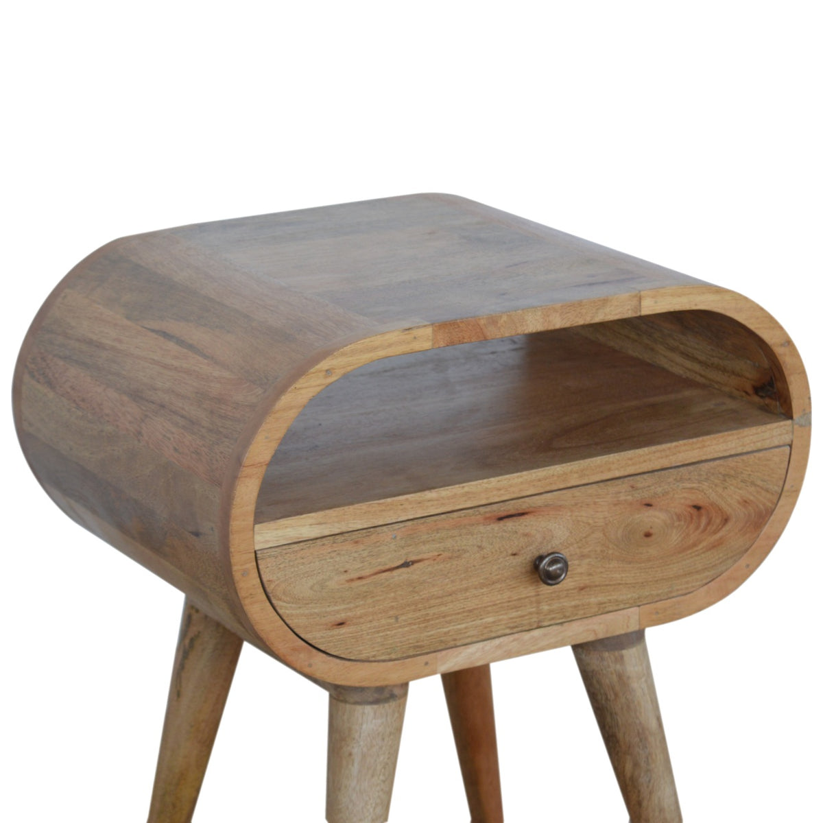 Close angled view of the nightstand's open shelf, drawer, and rounded wood body