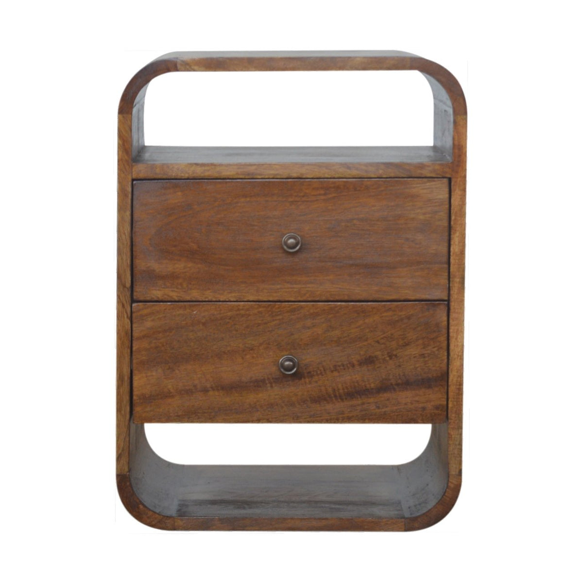 Chestnut-finish nightstand shown straight on with two drawers and rounded open slots