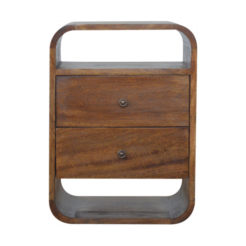 Chestnut-finish nightstand shown straight on with two drawers and rounded open slots