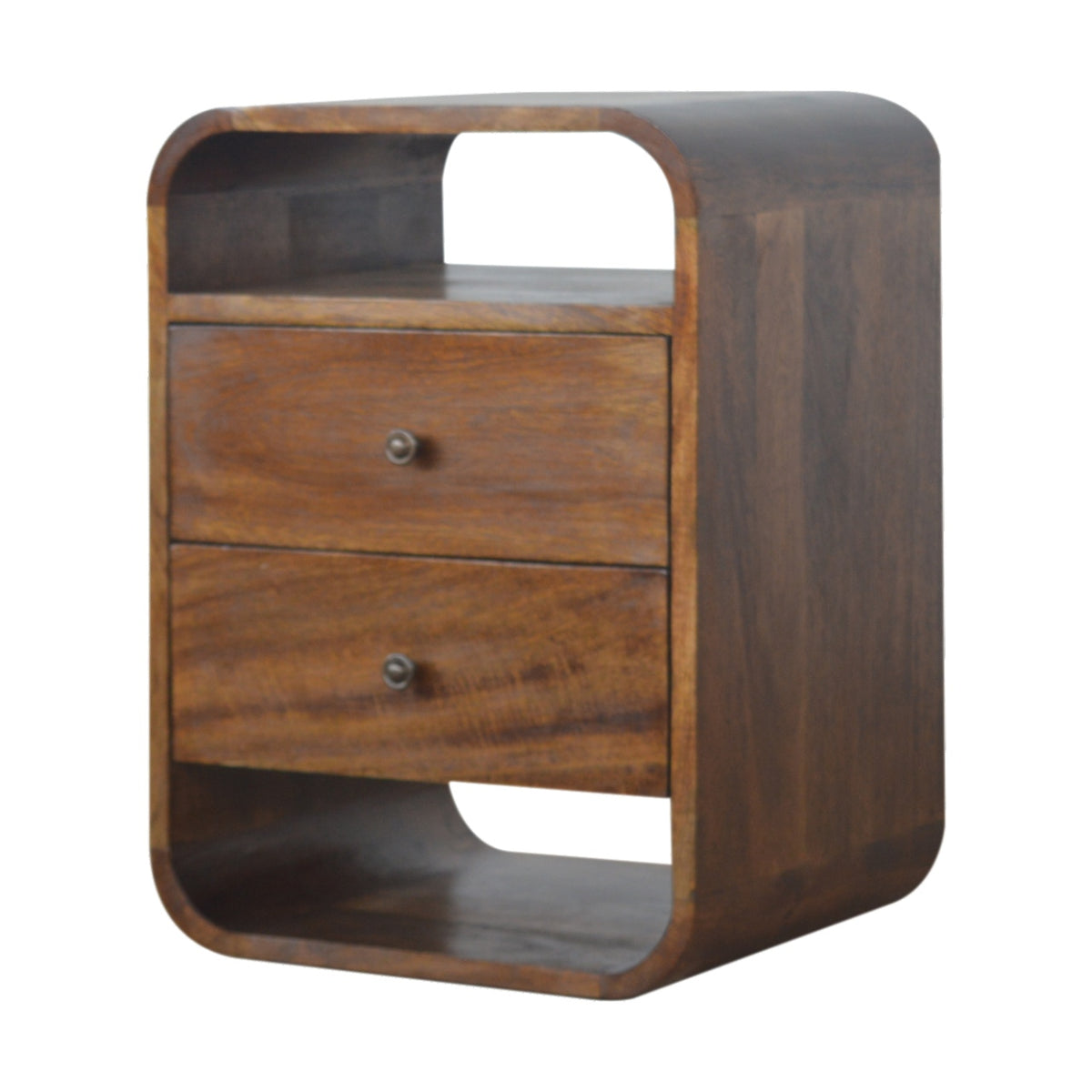 Chestnut-finish nightstand angled to show two drawers, open slots and solid side