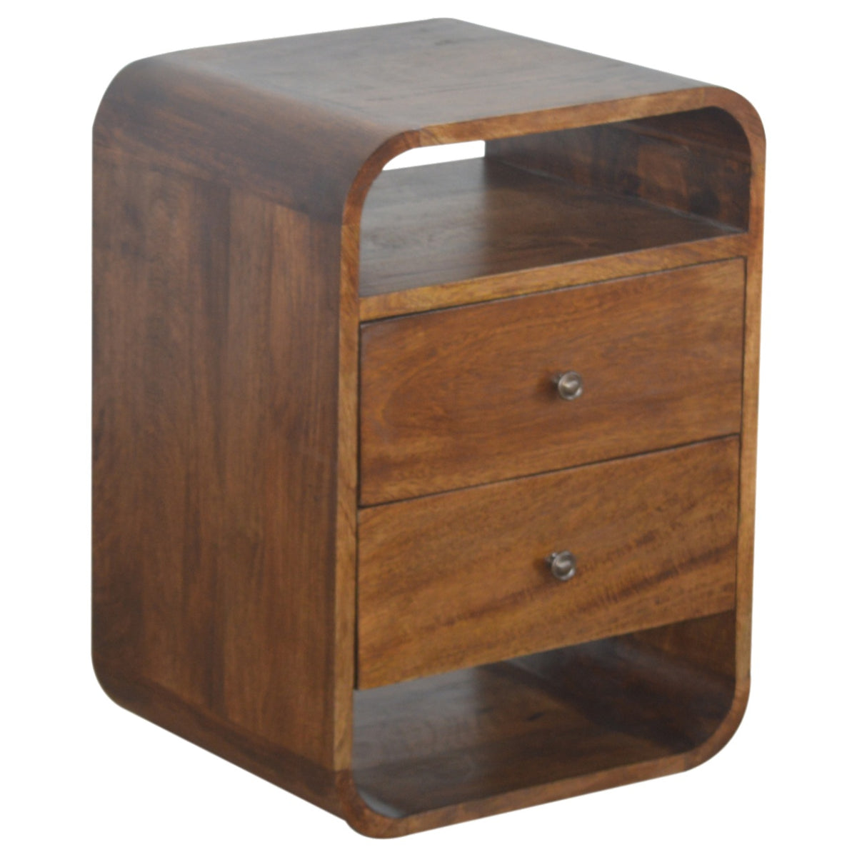 Chestnut mango wood nightstand from the opposite front angle, showing its rounded frame