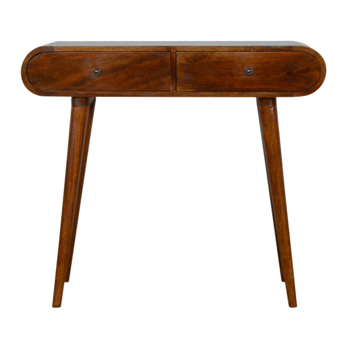 Chestnut console table in a straight-on front view with two drawers