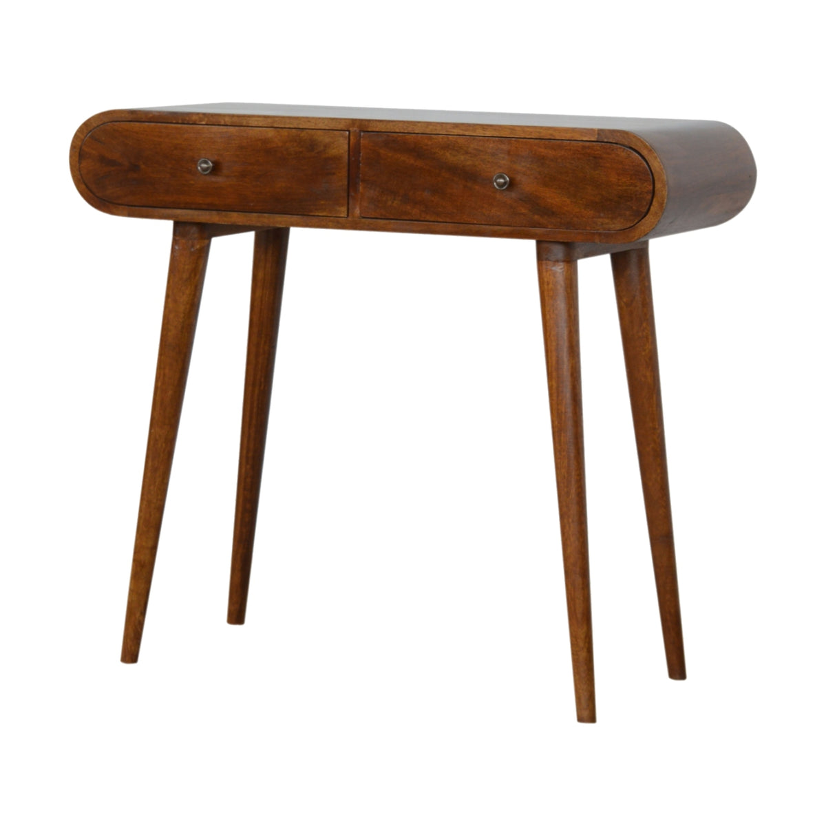 Chestnut console table shown from an angled front view