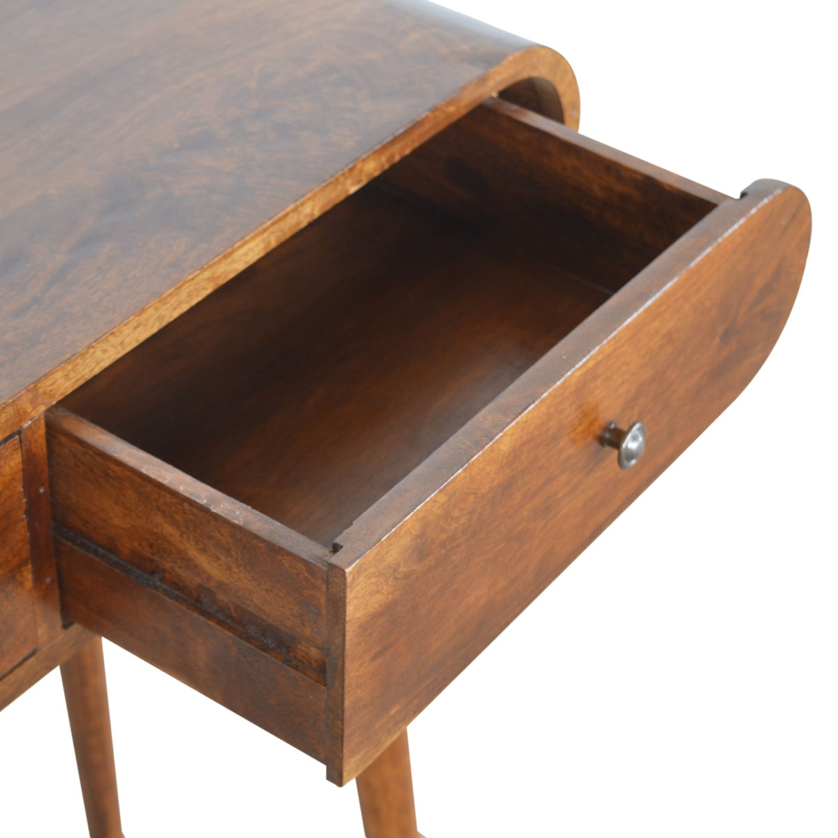 Open drawer showing the wooden interior of the chestnut console table