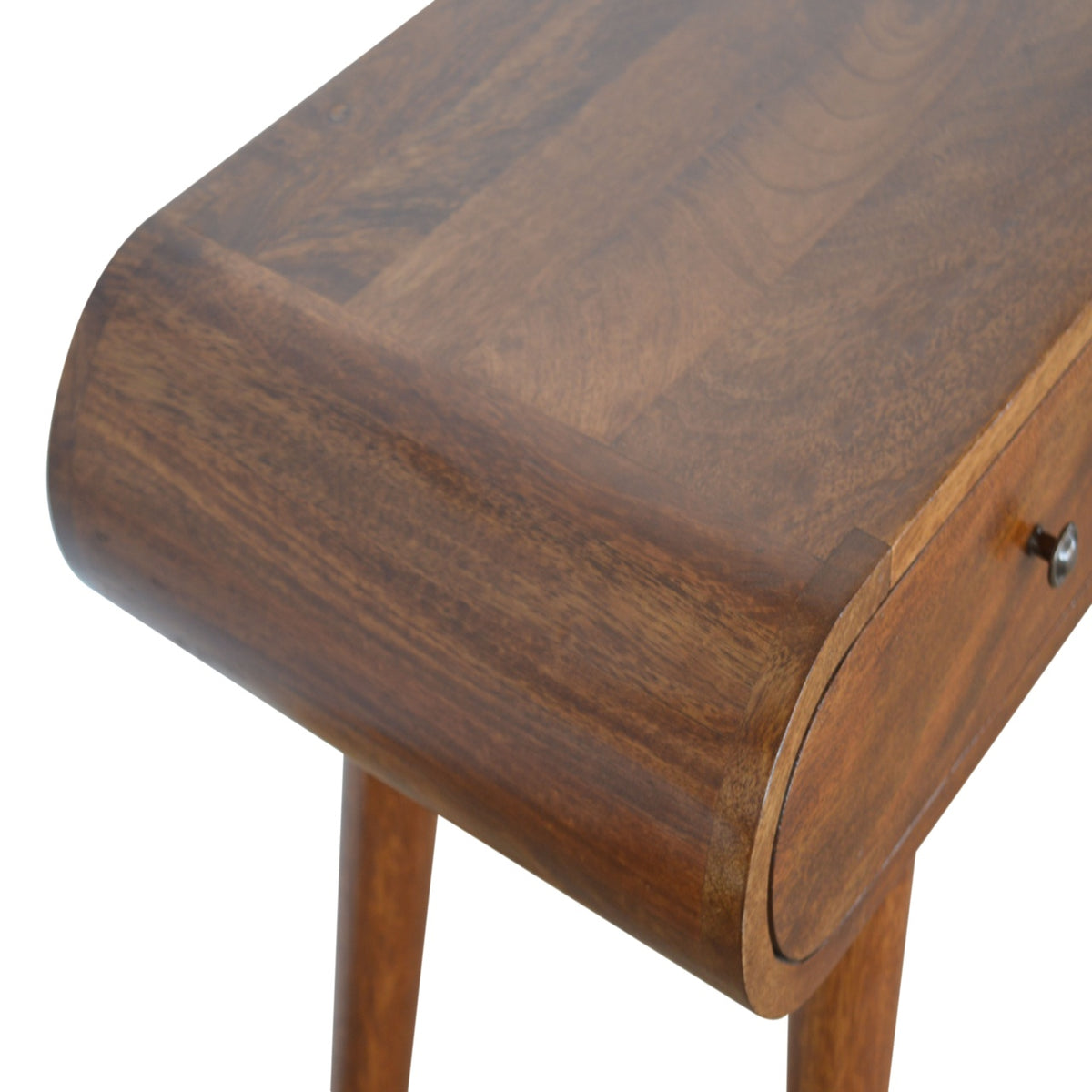 Close-up of the rounded chestnut tabletop end and tapered leg